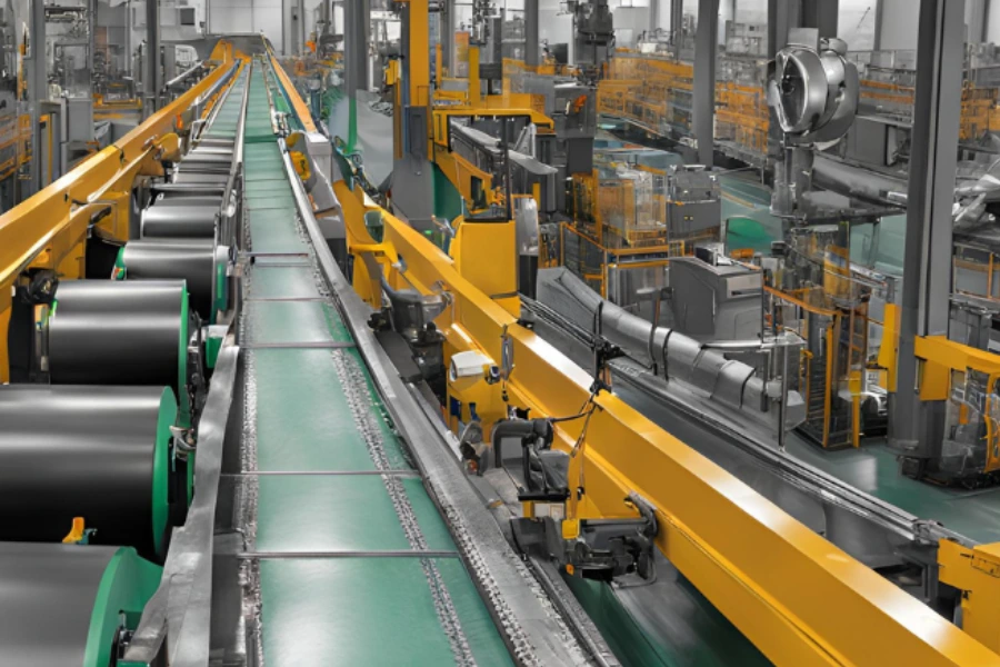 Modern metering conveyor belt with side guards in a warehouse setup