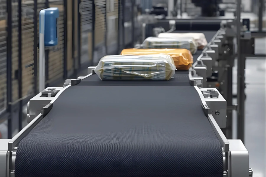 Automated metering conveyor belt transporting granules efficiently