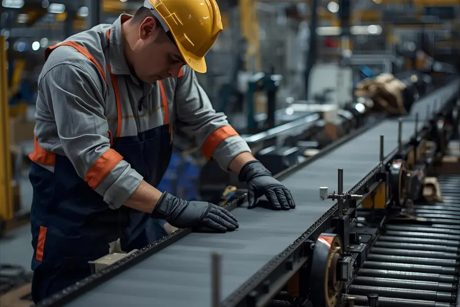 Technician repairing a belt conveyor in an industrial warehouse