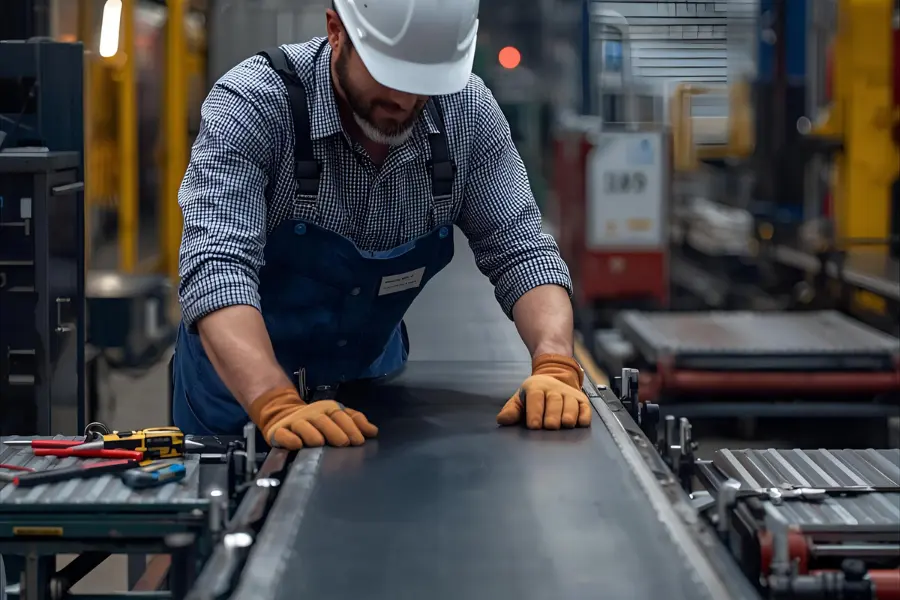 Close-up of a belt conveyor being repaired in a factory setting