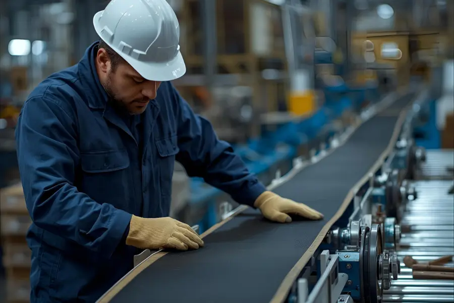 On-site belt conveyor repair with tools and safety equipment.