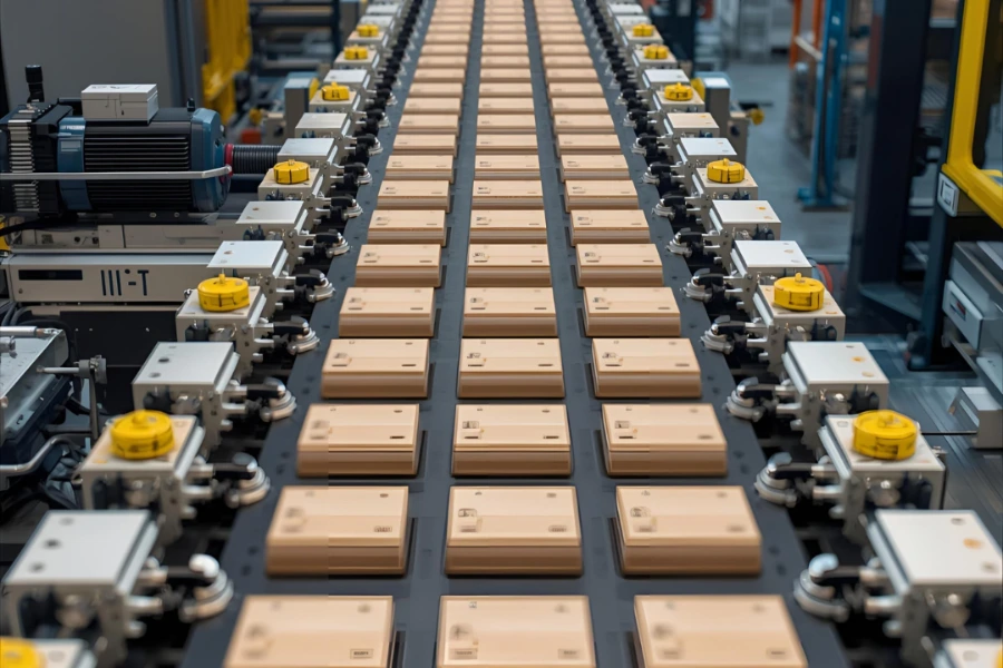 Modern metering conveyor belt with side guards in a warehouse setup
