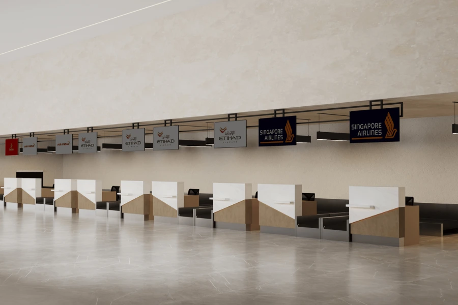 Baggage drop and check-in airport counters from Mexeltec, enhancing airport operations.