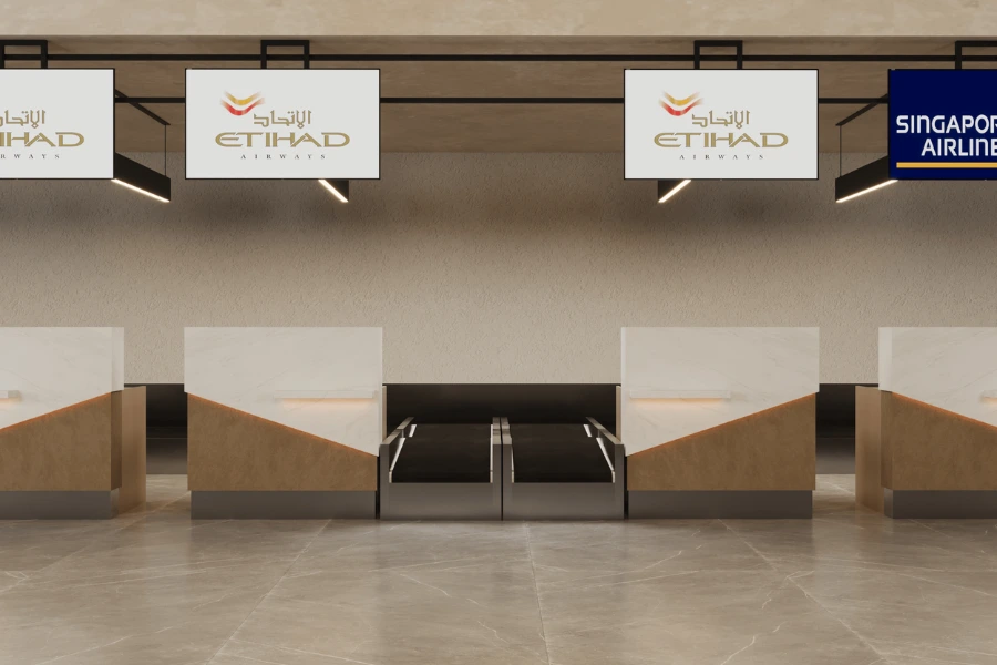 Modern airport check-in counters supplied by Mexeltec for efficient passenger processing