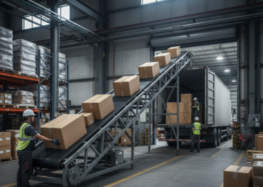 Industrial truck loading belt conveyor line in a manufacturing factory