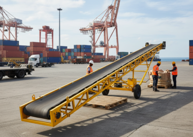 Truck loading conveyor system in a busy port, moving cargo efficiently for shipping and logistics