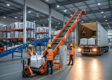 Truck Loading Conveyor system at a logistics center loading trucks efficiently