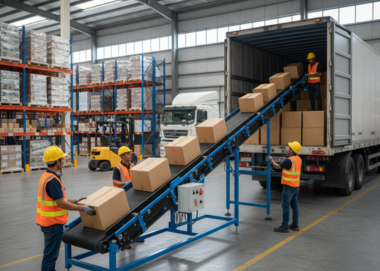 Long extendable belt conveyor for efficient truck loading at distribution centers