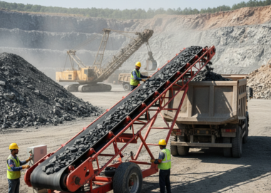 Truck loading conveyor system in a quarry site efficiently transferring bulk materials into trucks