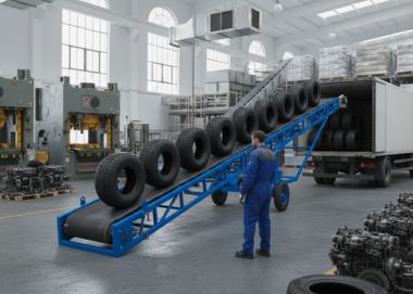 Truck loading conveyor system efficiently transporting tyres in a tyre manufacturing industry