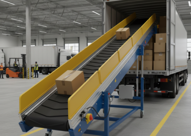 Truck loading conveyor with side guards for safe and efficient material handling
