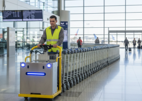 Electric motorized trolley pusher designed for airport baggage trolley collection and movement.