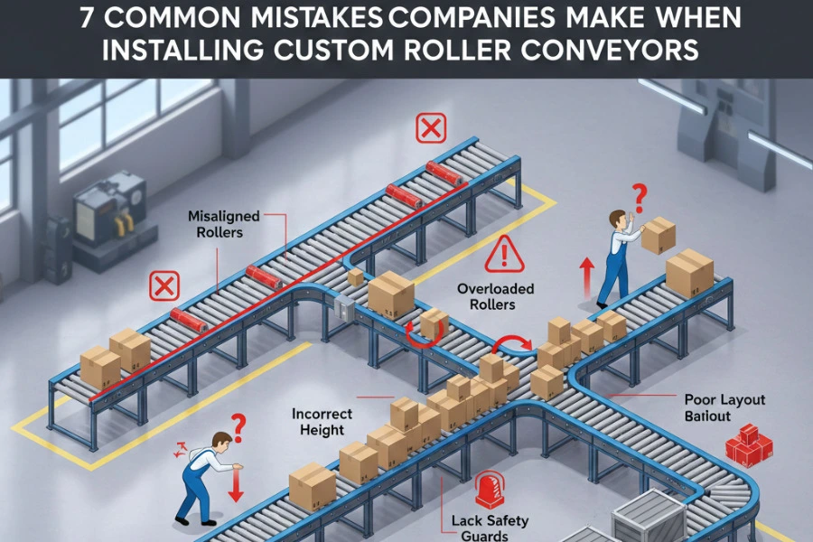 Custom roller conveyor installation in an industrial warehouse showing proper alignment, load distribution, and safety setup