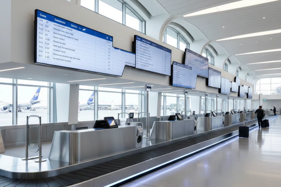 Top view blueprint showcasing the Airport Check-In Counter Design in an AutoCAD drafting style.