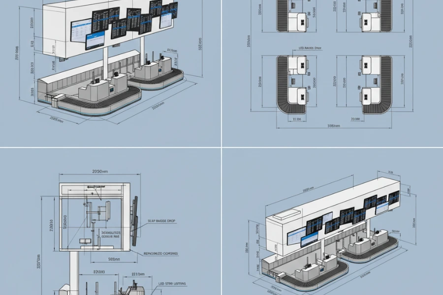 3D AutoCAD rendering showcasing a modern Airport Check-In Counter Design with detailed structure.