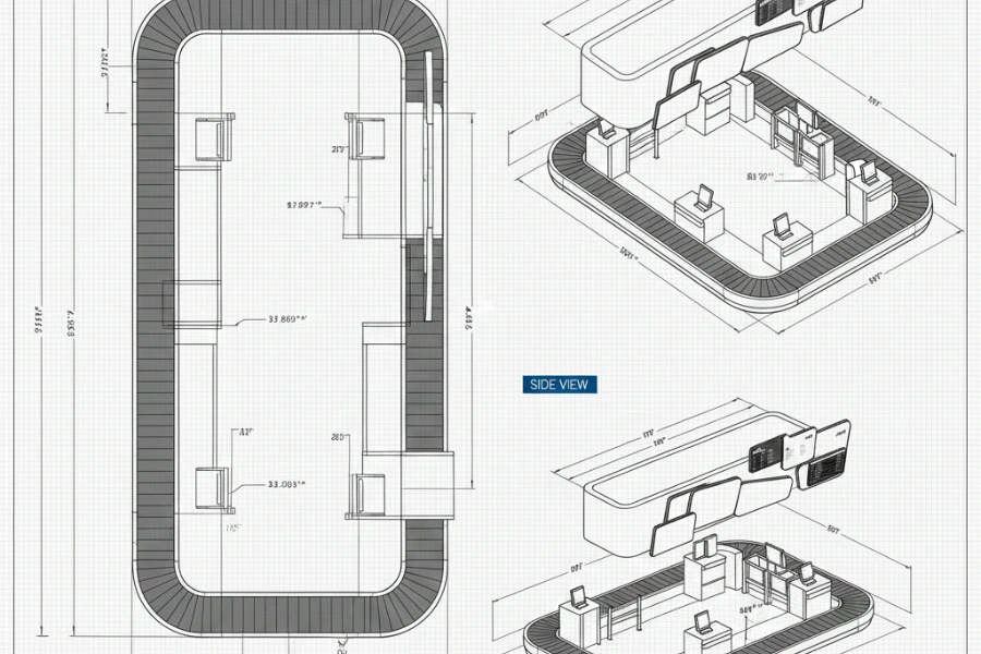 Technical AutoCAD layout illustrating the full Airport Check-In Counter Design and baggage area.