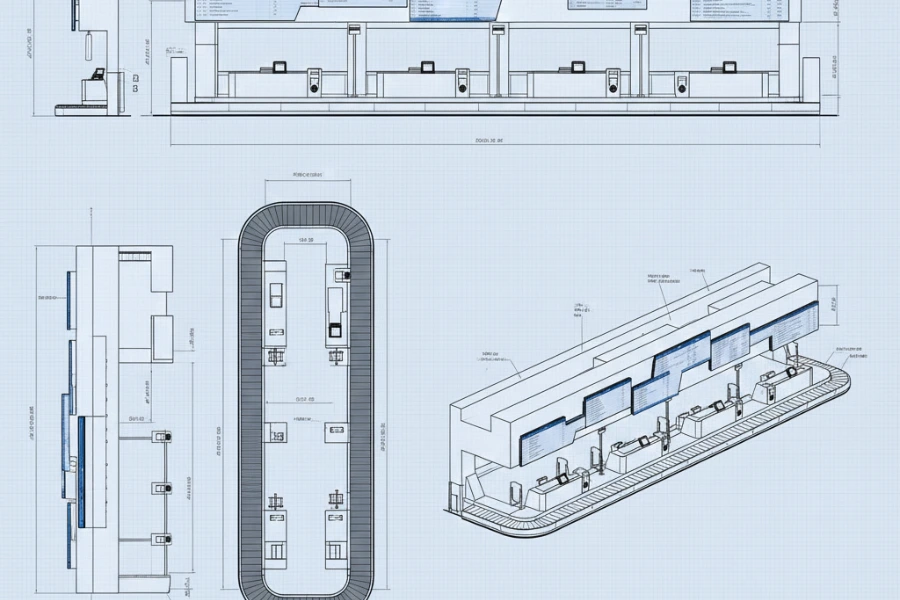 Front elevation AutoCAD drawing of an Airport Check-In Counter Design with dimension markings.