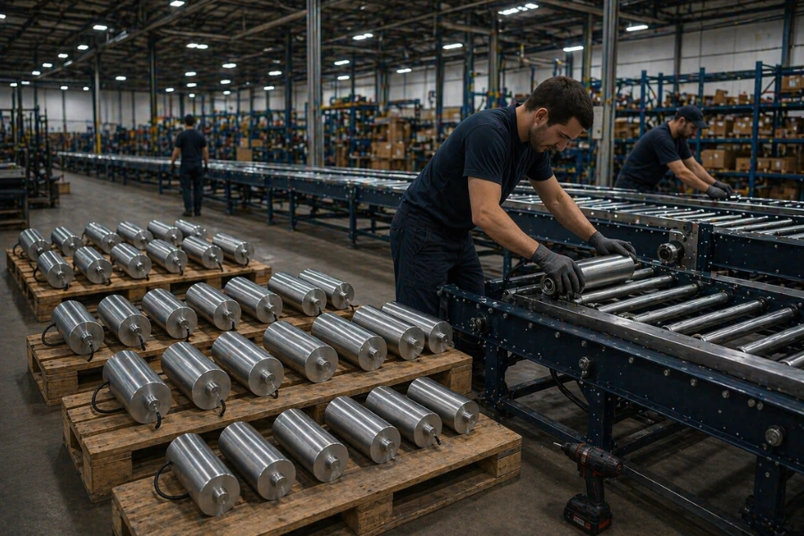 Technician upgrading conveyor system with drum motor in India for improved performance