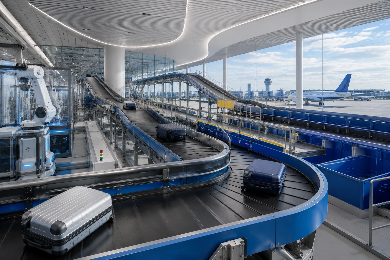Futuristic airport baggage handling system with automated conveyor belts, robotic technology, and modern terminal infrastructure designed for efficient luggage movement.