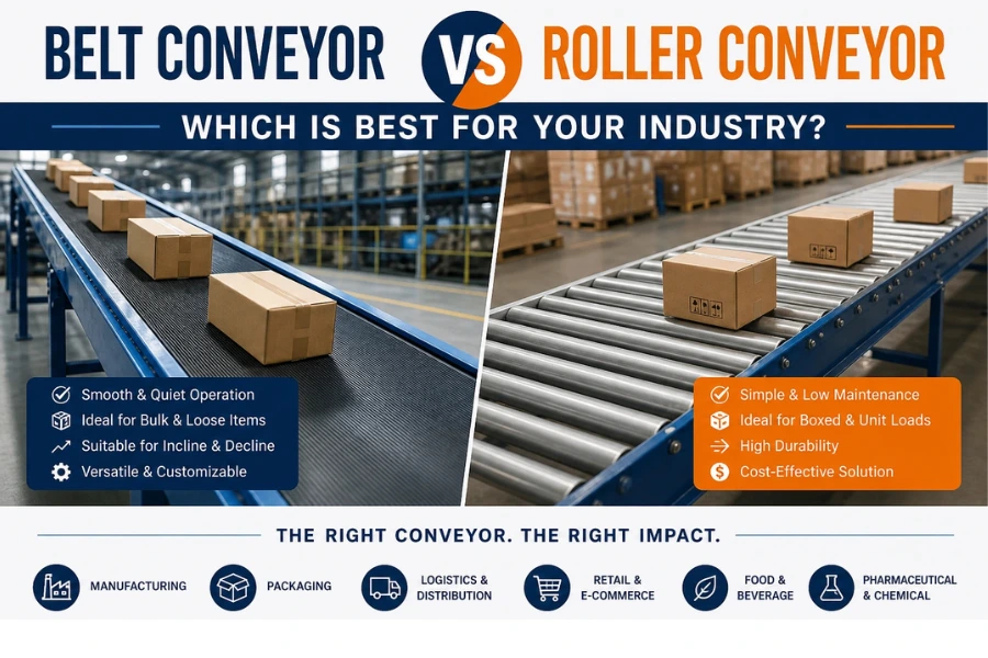 Infographic comparing belt conveyor and roller conveyor systems for industrial material handling, highlighting features, benefits, and best-use industries.