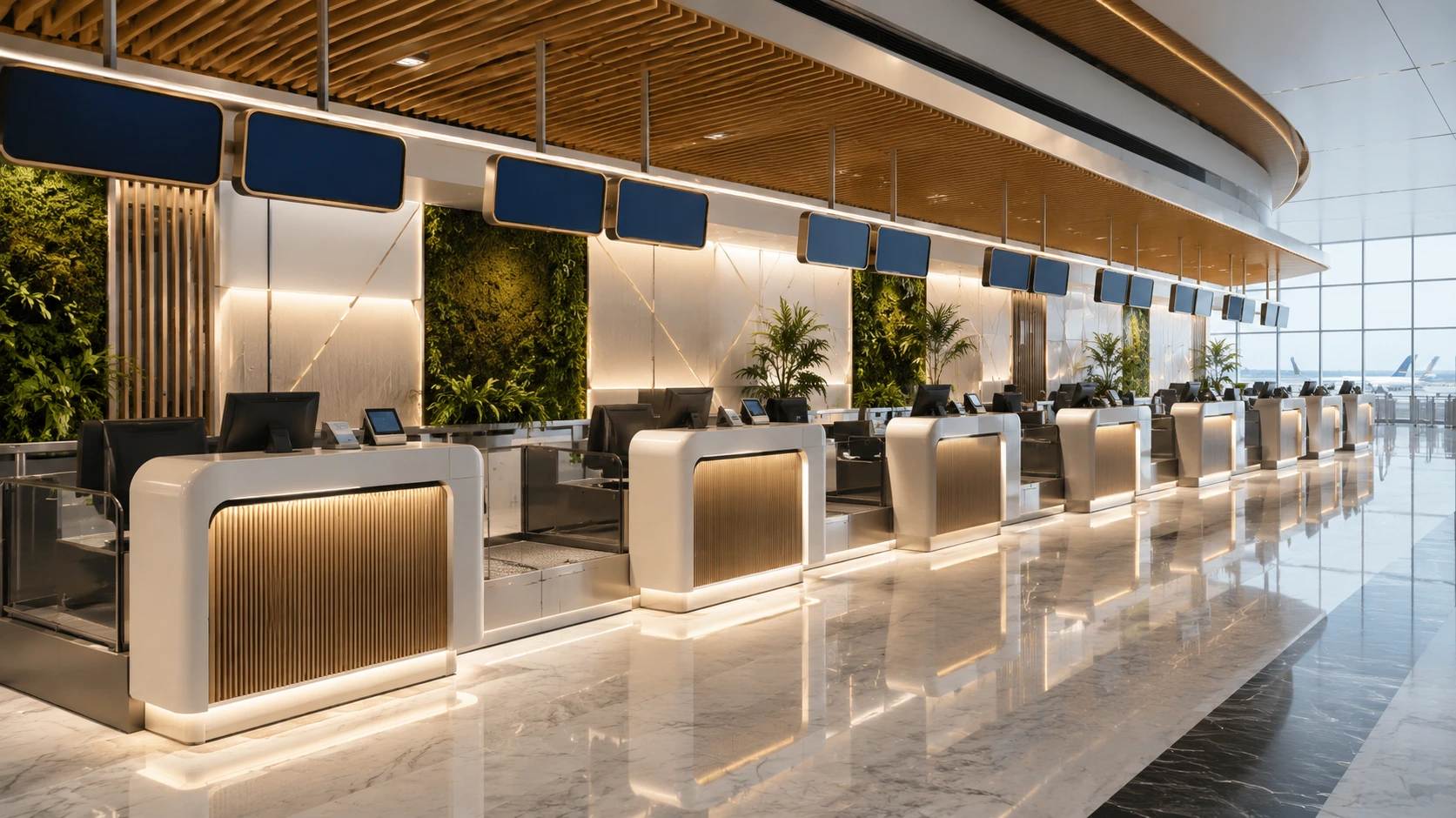 Modern airport check-in counters with premium design, integrated technology, spacious passenger processing area, and contemporary terminal interior.