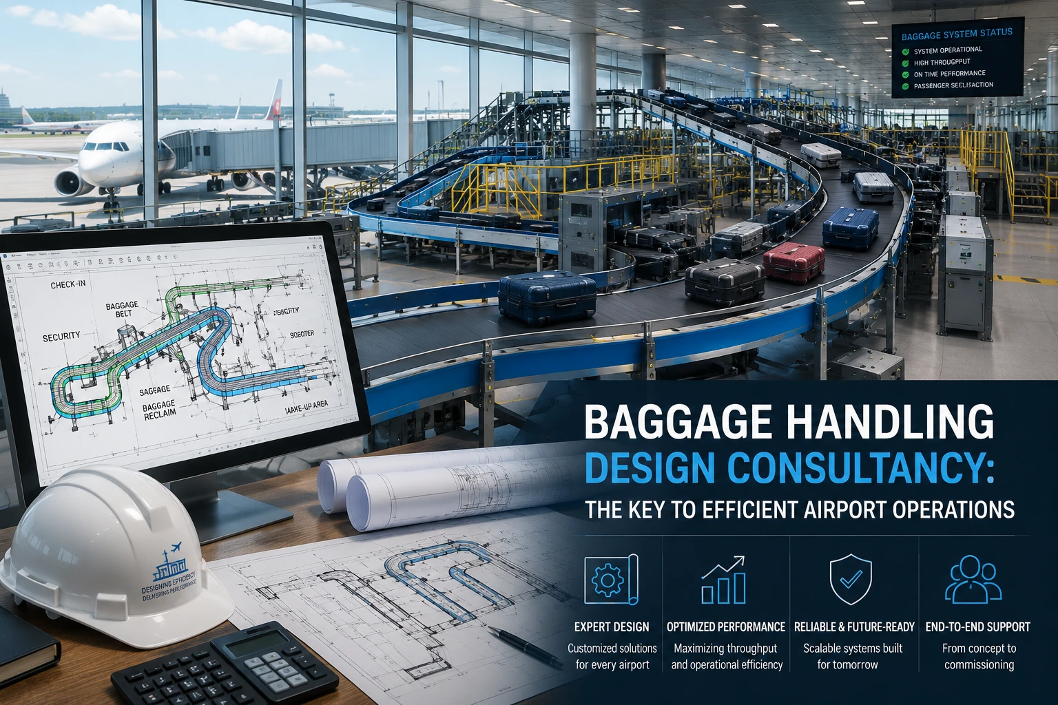 Modern airport baggage handling system featuring automated conveyors, luggage transport equipment, and engineering design plans for efficient airport operations.